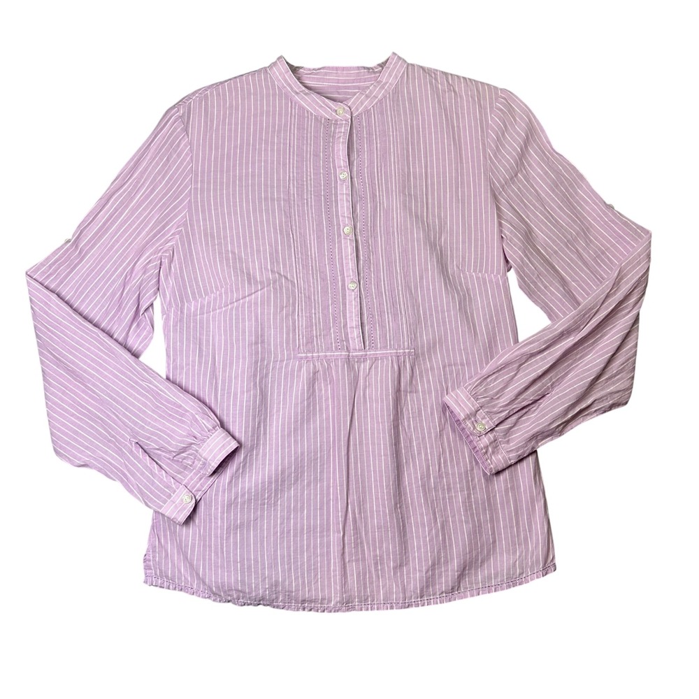 LL Bean Striped Pintuck Band Collar Blouse Cotton Preppy Size S Purple White